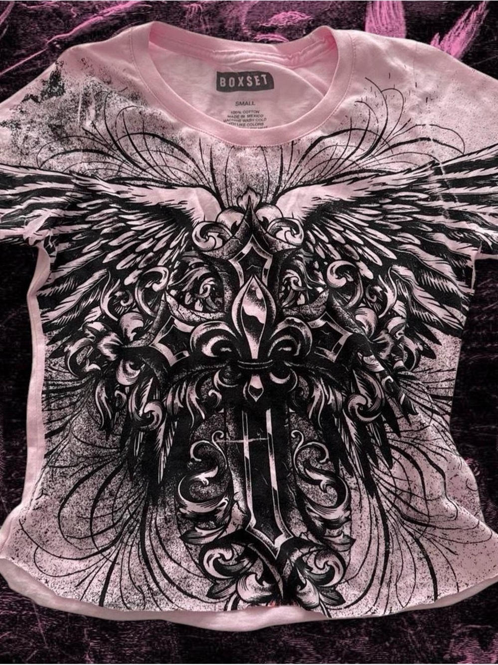 baby pink and black short sleeve top with angel wing cross fleur delis graphics